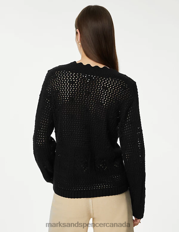 Marks and Spencer near me - Women Black Clothing Marks & Spencer Pure Cotton V-Neck Scallop Edge Jumper 20VTD225