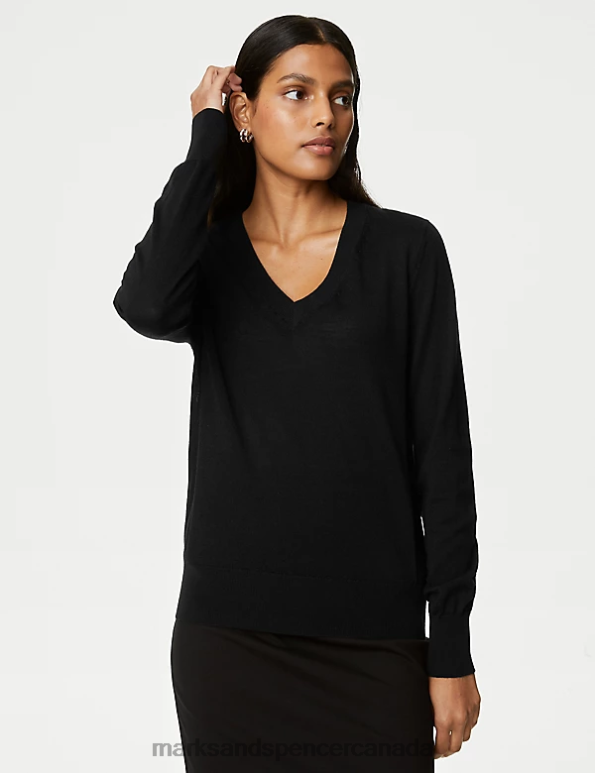 Marks and Spencer sale - Women Black Clothing Marks & Spencer Pure Merino Wool V-Neck Jumper 20VTD1591