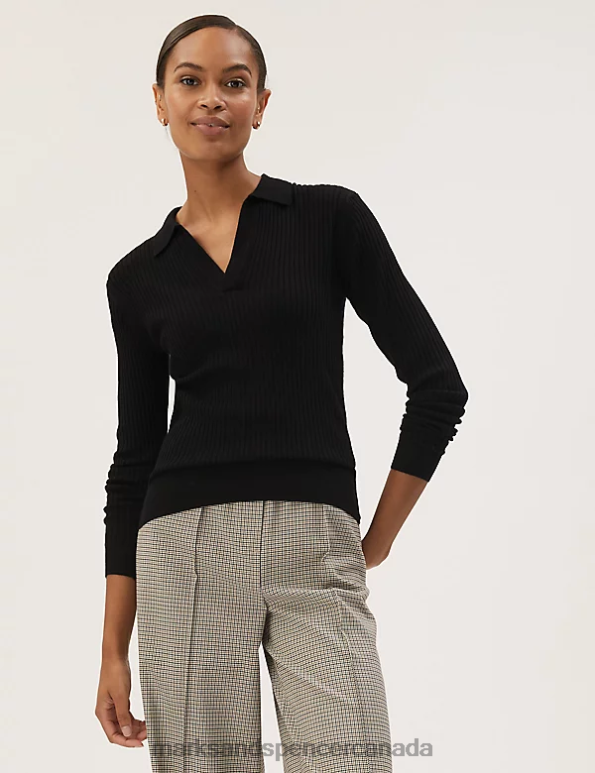 Women Black Clothing Marks & Spencer Ribbed Collared V-Neck Jumper 20VTD2886 - Marks and Spencer online