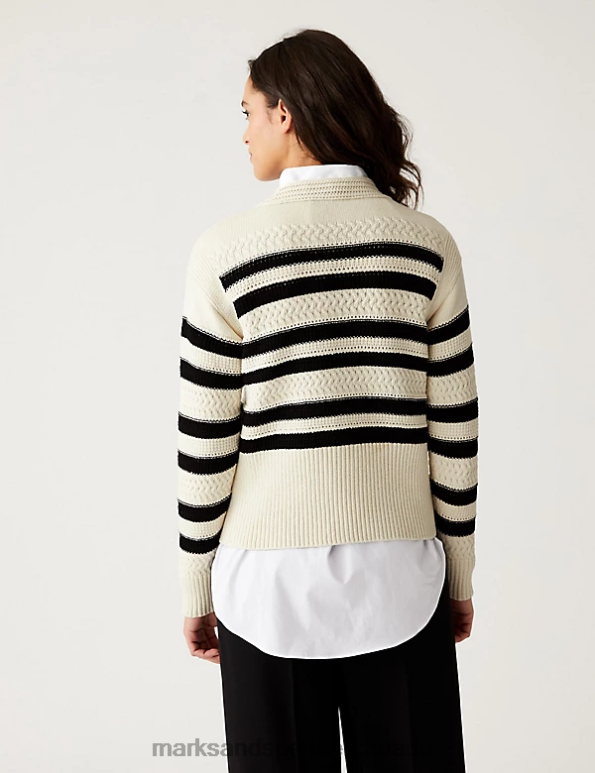 Marks and Spencer near me - Women Black Mix Clothing Marks & Spencer Cotton Rich Striped Crew Neck Jumper 20VTD2018