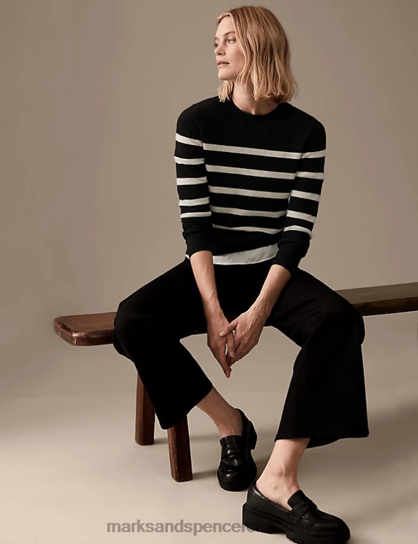 Marks and Spencer near me - Women Black Mix Clothing Marks & Spencer Pure Cashmere Striped Crew Neck Jumper 20VTD2497