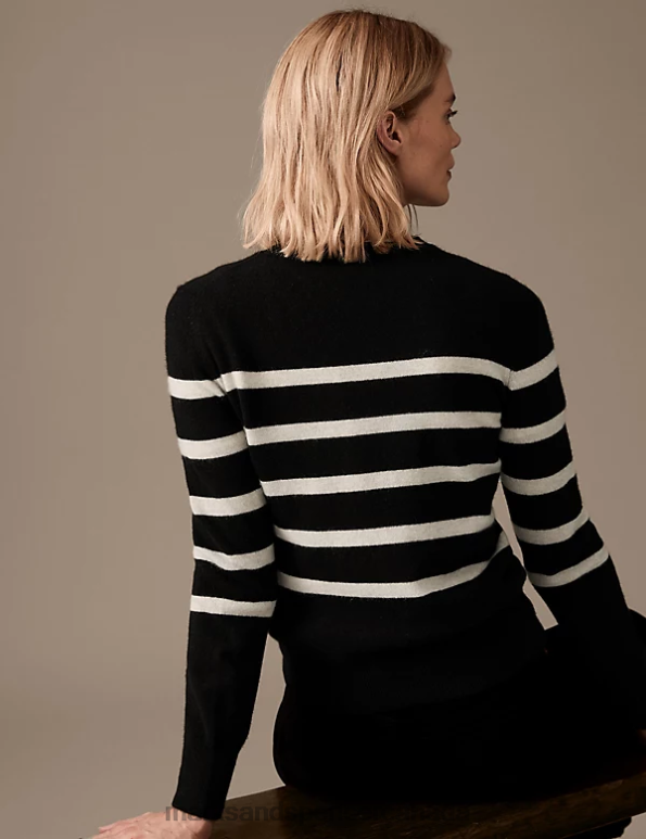 Marks and Spencer near me - Women Black Mix Clothing Marks & Spencer Pure Cashmere Striped Crew Neck Jumper 20VTD2497