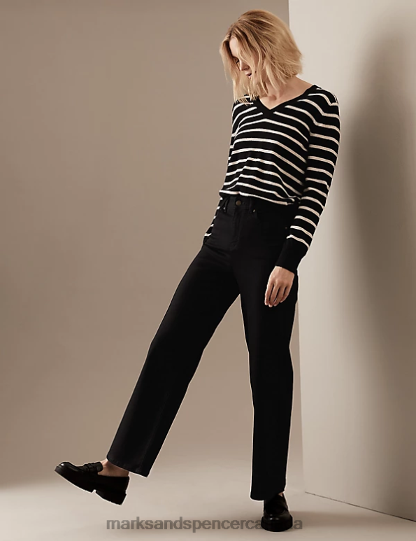 Women Black Mix Clothing Marks & Spencer Pure Cashmere Striped V-Neck Jumper 20VTD1893 - Marks and Spencer outlet