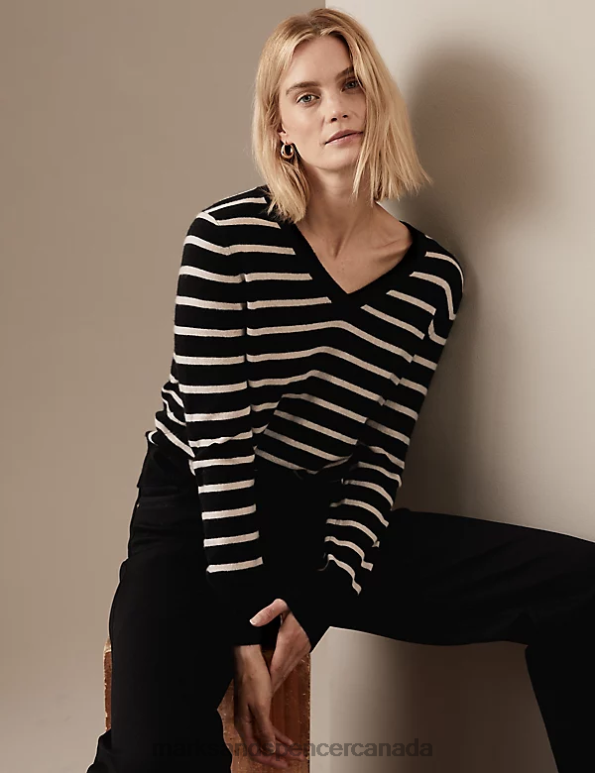 Women Black Mix Clothing Marks & Spencer Pure Cashmere Striped V-Neck Jumper 20VTD1893 - Marks and Spencer outlet