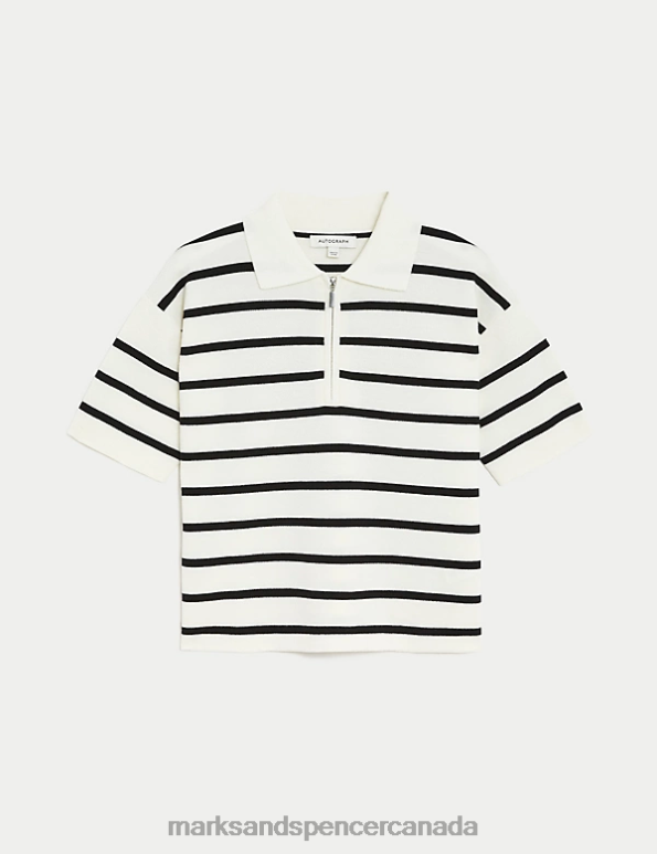 Marks and Spencer sale - Women Black Mix Clothing Marks & Spencer Pure Merino Wool Striped Half Zip Jumper 20VTD347