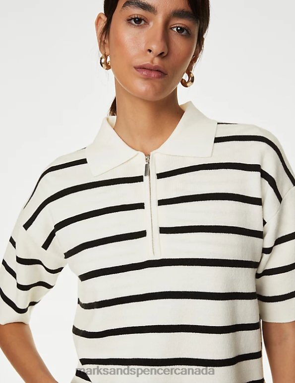 Marks and Spencer sale - Women Black Mix Clothing Marks & Spencer Pure Merino Wool Striped Half Zip Jumper 20VTD347