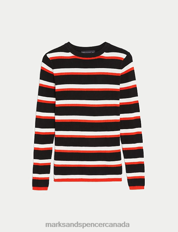 Women Black Mix Clothing Marks & Spencer Ribbed Striped Crew Neck Knitted Top 20VTD1961 - Marks and Spencer Canada locations
