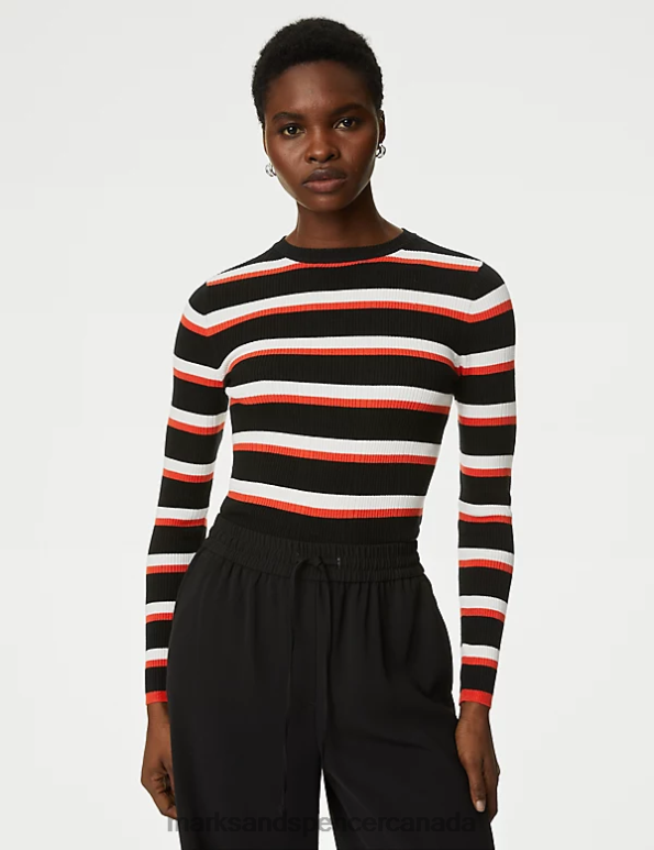 Women Black Mix Clothing Marks & Spencer Ribbed Striped Crew Neck Knitted Top 20VTD1961 - Marks and Spencer Canada locations