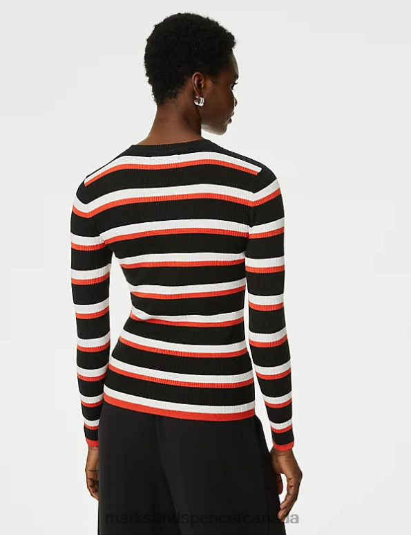 Women Black Mix Clothing Marks & Spencer Ribbed Striped Crew Neck Knitted Top 20VTD1961 - Marks and Spencer Canada locations