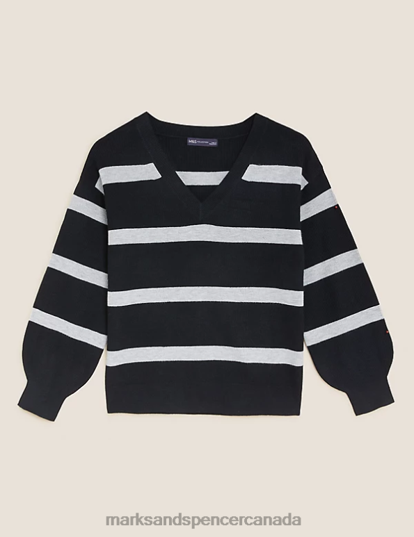 Women Black Mix Clothing Marks & Spencer Soft Touch Striped Ribbed V-Neck Jumper 20VTD1376 - Marks and Spencer online