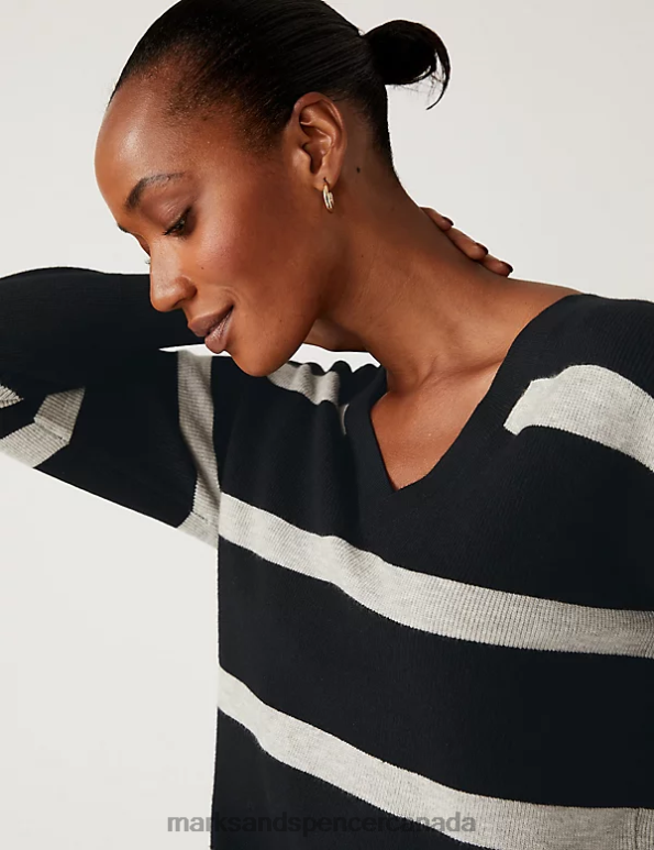 Women Black Mix Clothing Marks & Spencer Soft Touch Striped Ribbed V-Neck Jumper 20VTD1376 - Marks and Spencer online