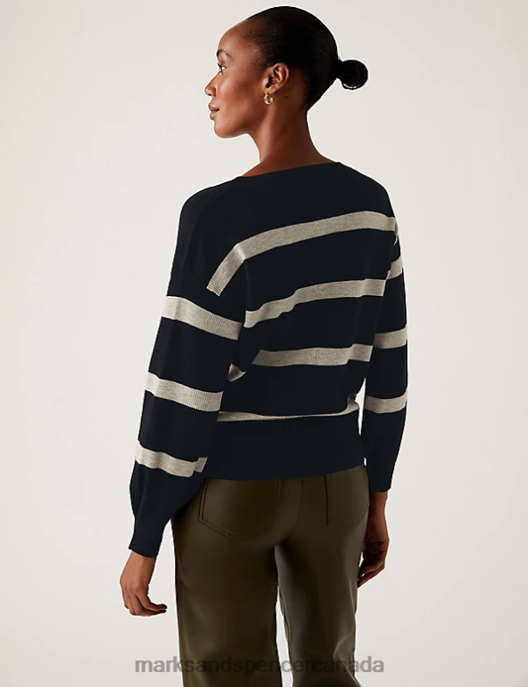 Women Black Mix Clothing Marks & Spencer Soft Touch Striped Ribbed V-Neck Jumper 20VTD1376 - Marks and Spencer online