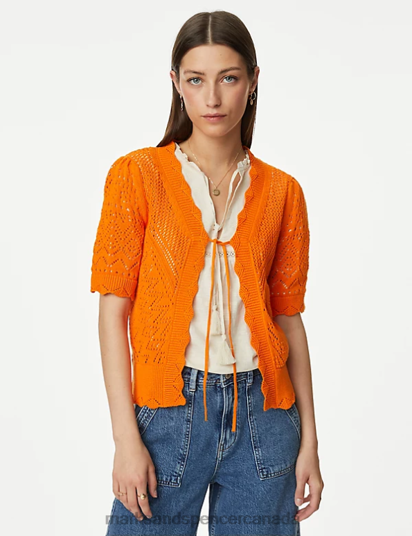 Marks and Spencer Canada - Women Bright Orange Clothing Marks & Spencer Pure Cotton Knitted V-Neck Cardigan 20VTD2434