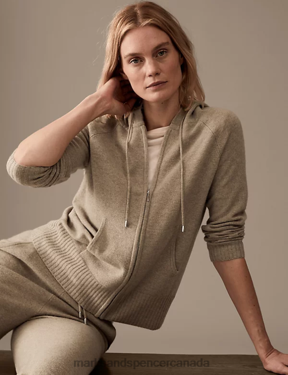 Women Cappuccino Clothing Marks & Spencer Pure Cashmere Knitted Relaxed Hoodie 20VTD3021 - Marks and Spencer outlet