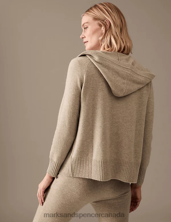 Women Cappuccino Clothing Marks & Spencer Pure Cashmere Knitted Relaxed Hoodie 20VTD3021 - Marks and Spencer outlet