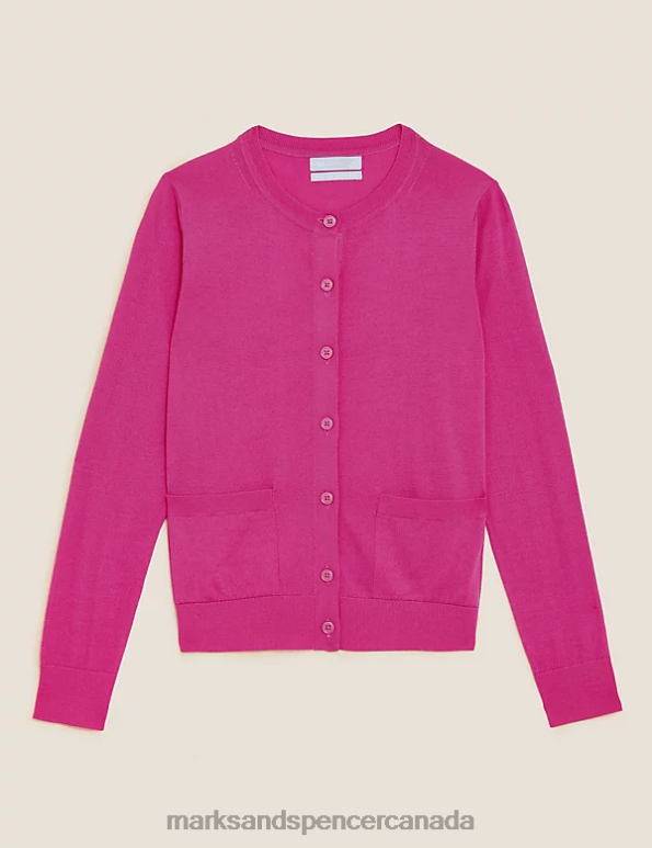 Women Cerise Clothing Marks & Spencer Pure Merino Wool Crew Neck Cardigan 20VTD1019 - Marks and Spencer Canada locations