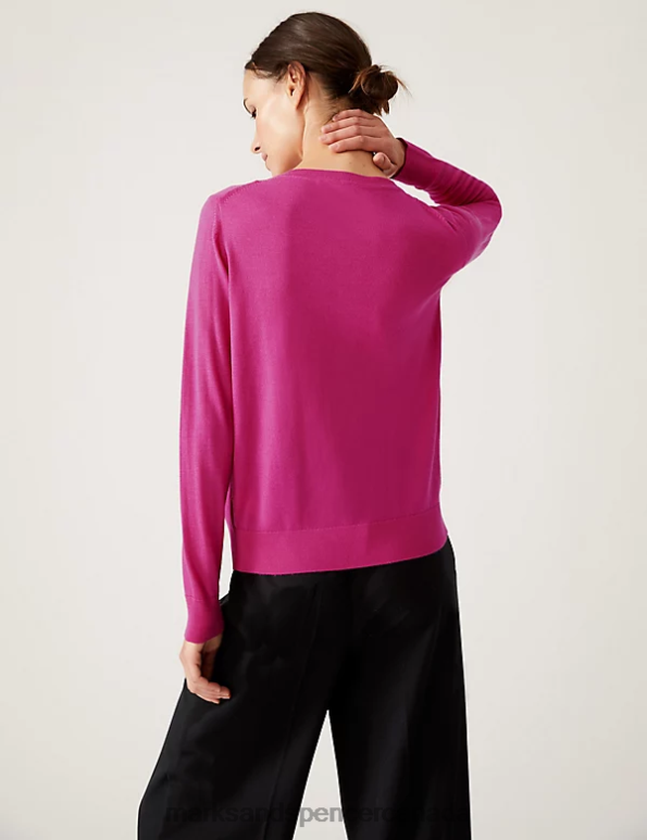 Women Cerise Clothing Marks & Spencer Pure Merino Wool Crew Neck Cardigan 20VTD1019 - Marks and Spencer Canada locations
