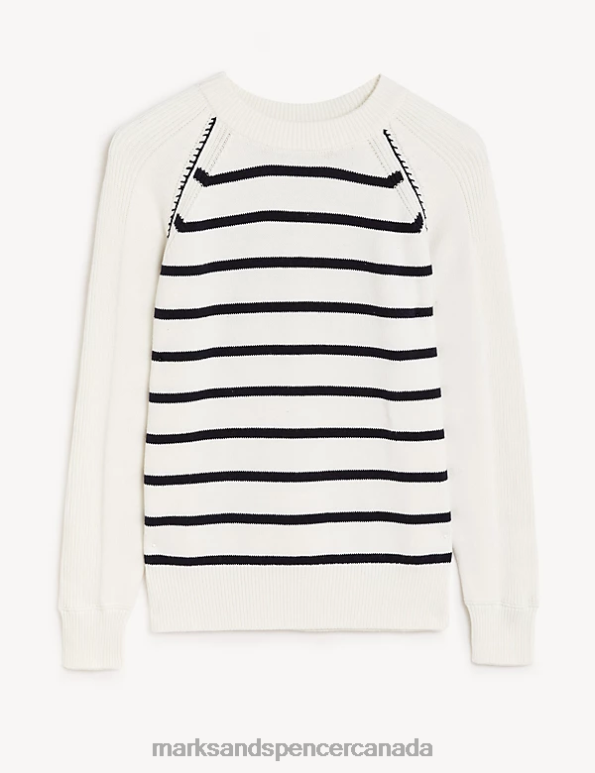 Women Cream Mix Clothing Marks & Spencer Cotton Rich Striped Crew Neck Jumper 20VTD2305 - Marks and Spencer online