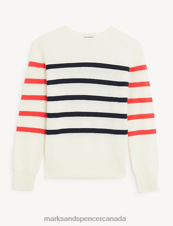 Marks and Spencer sale - Women Cream Mix Clothing Marks & Spencer Pure Cashmere Striped Crew Neck Jumper 20VTD2867