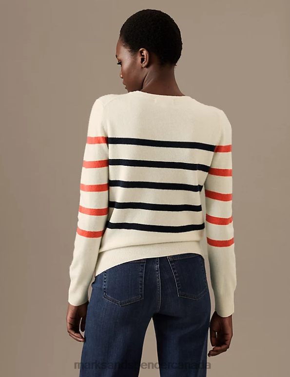Marks and Spencer sale - Women Cream Mix Clothing Marks & Spencer Pure Cashmere Striped Crew Neck Jumper 20VTD2867
