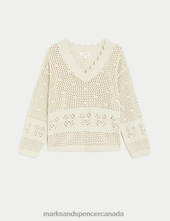 Marks and Spencer near me - Women Ecru Clothing Marks & Spencer Pure Cotton V-Neck Scallop Edge Jumper 20VTD541