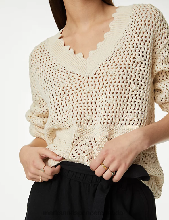 Marks and Spencer near me - Women Ecru Clothing Marks & Spencer Pure Cotton V-Neck Scallop Edge Jumper 20VTD541