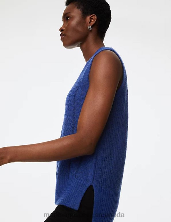 Women Electric Blue Clothing Marks & Spencer Cable Knit V-Neck Knitted Vest 20VTD563 - Marks and Spencer outlet
