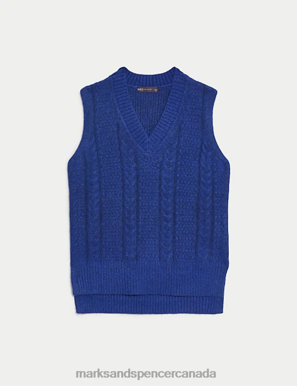 Women Electric Blue Clothing Marks & Spencer Cable Knit V-Neck Knitted Vest 20VTD563 - Marks and Spencer outlet