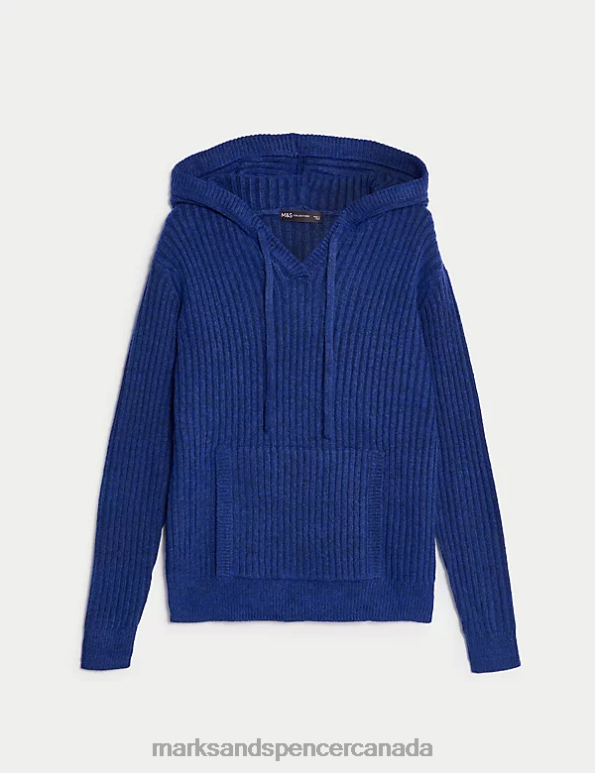 Women Electric Blue Clothing Marks & Spencer Ribbed V-Neck Hoodie 20VTD247 - Marks and Spencer online