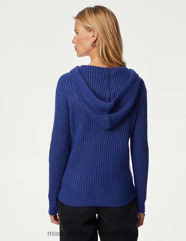 Women Electric Blue Clothing Marks & Spencer Ribbed V-Neck Hoodie 20VTD247 - Marks and Spencer online