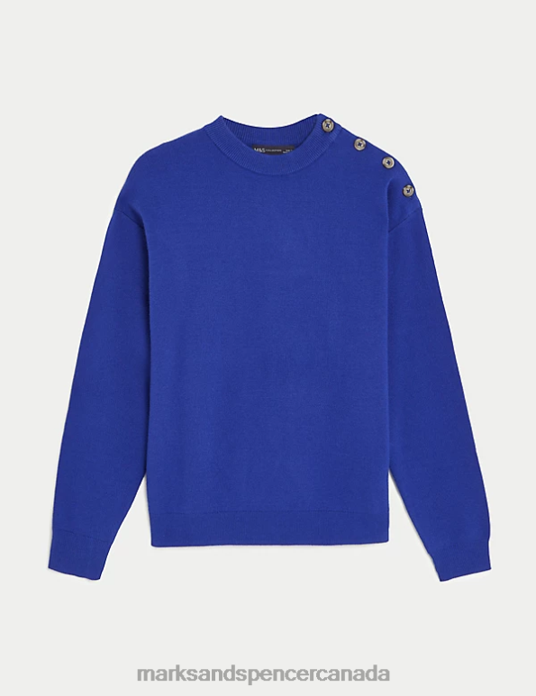 Women Electric Blue Clothing Marks & Spencer Soft Touch Crew Neck Button Detail Jumper 20VTD2192 - Marks and Spencer outlet