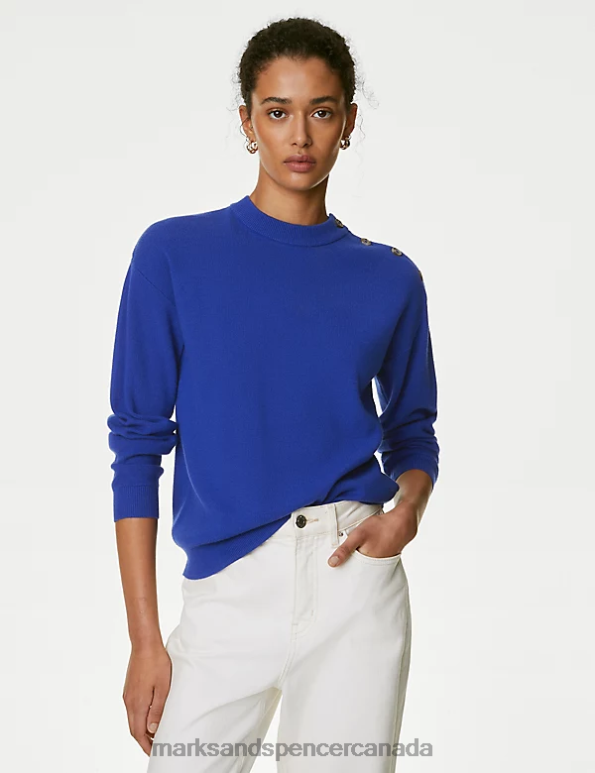 Women Electric Blue Clothing Marks & Spencer Soft Touch Crew Neck Button Detail Jumper 20VTD2192 - Marks and Spencer outlet