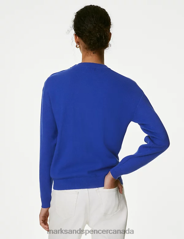 Women Electric Blue Clothing Marks & Spencer Soft Touch Crew Neck Button Detail Jumper 20VTD2192 - Marks and Spencer outlet