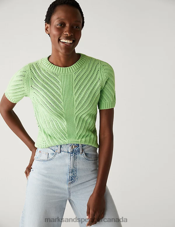 Women Fresh Mint Clothing Marks & Spencer Cotton Rich Textured Crew Neck Knitted Top 20VTD1718 - Marks and Spencer online