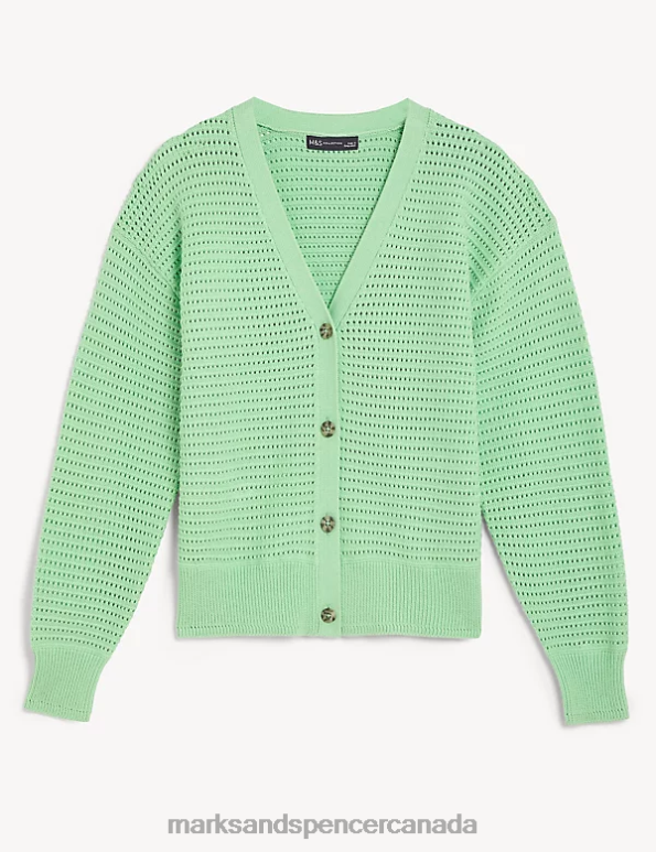 Women Fresh Mint Clothing Marks & Spencer Cotton Rich Textured V-Neck Cardigan 20VTD1744 - Marks and Spencer Canada locations
