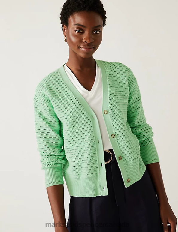 Women Fresh Mint Clothing Marks & Spencer Cotton Rich Textured V-Neck Cardigan 20VTD1744 - Marks and Spencer Canada locations