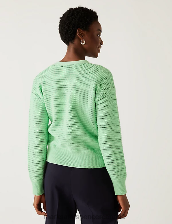 Women Fresh Mint Clothing Marks & Spencer Cotton Rich Textured V-Neck Cardigan 20VTD1744 - Marks and Spencer Canada locations