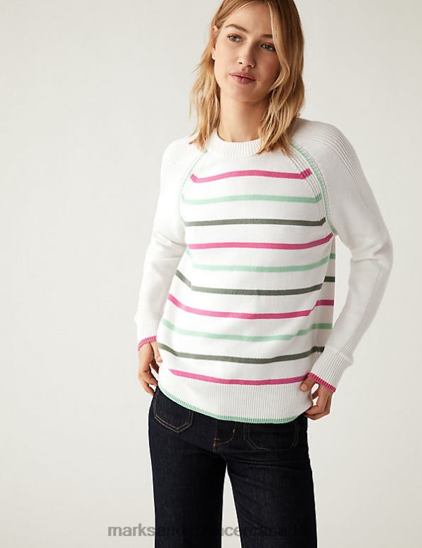 Marks and Spencer sale - Women Green Mix Clothing Marks & Spencer Cotton Rich Striped Crew Neck Jumper 20VTD2304