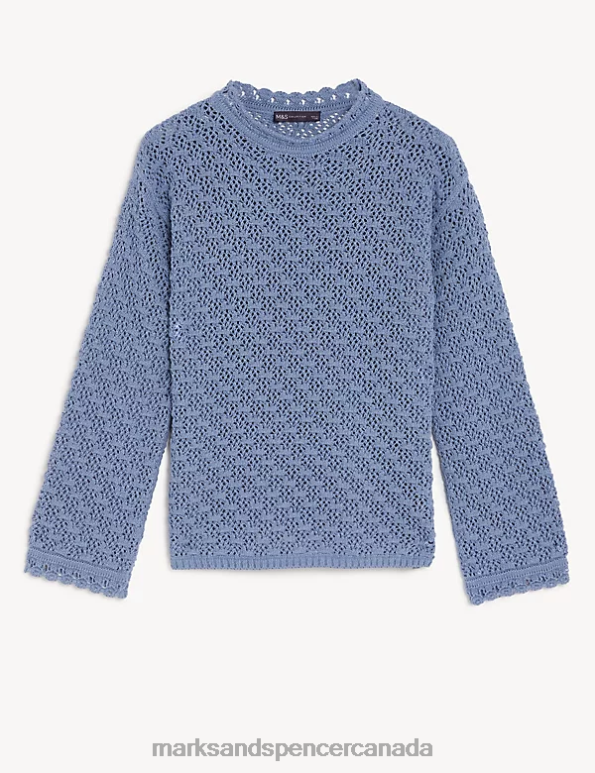 Women Grey Blue Clothing Marks & Spencer Cotton Blend Textured Crew Neck Jumper 20VTD261 - Marks and Spencer outlet