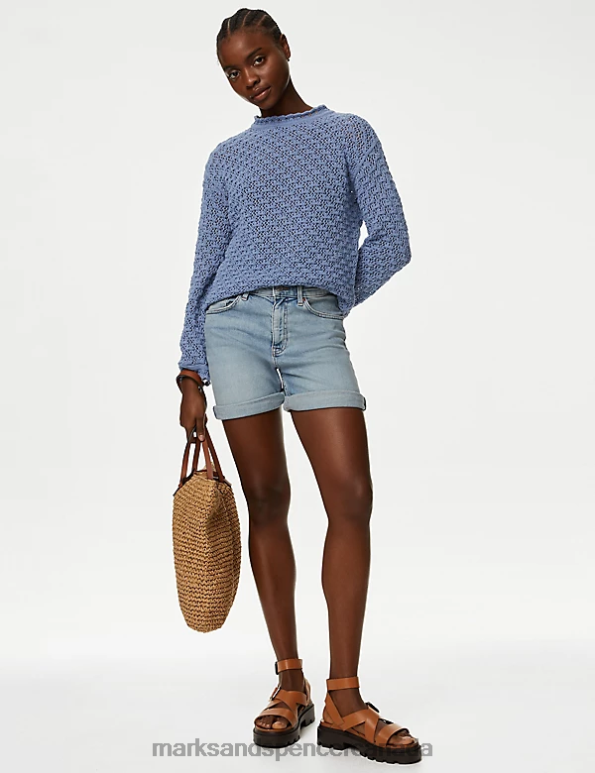 Women Grey Blue Clothing Marks & Spencer Cotton Blend Textured Crew Neck Jumper 20VTD261 - Marks and Spencer outlet