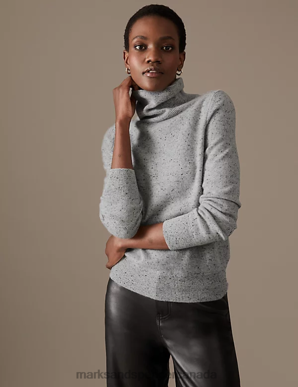 Women Grey Mix Clothing Marks & Spencer Pure Cashmere Roll Neck Jumper 20VTD3266 - Marks and Spencer outlet
