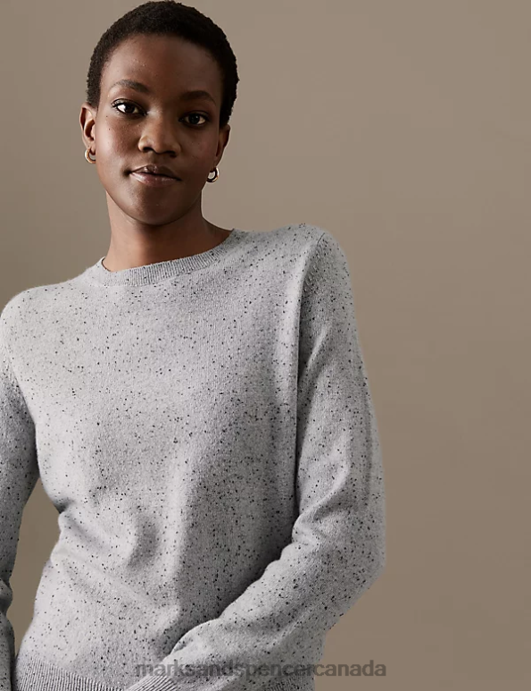 Women Grey Mix Clothing Marks & Spencer Pure Cashmere Textured Crew Neck Jumper 20VTD1664 - Marks and Spencer outlet