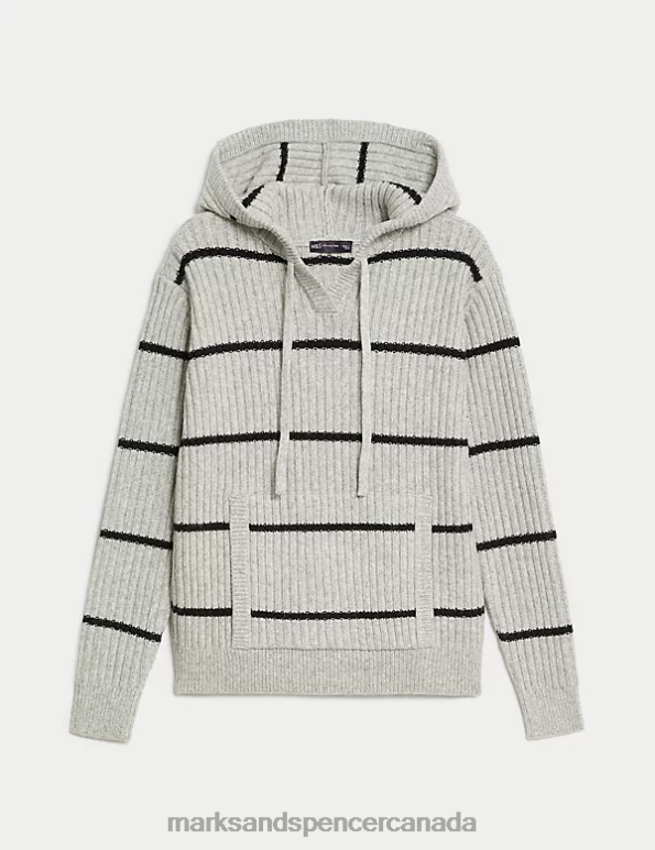 Women Grey Mix Clothing Marks & Spencer Striped V-Neck Knitted Hoodie 20VTD782 - Marks and Spencer online