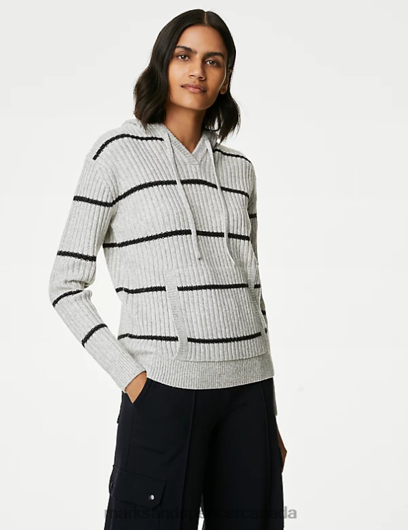 Women Grey Mix Clothing Marks & Spencer Striped V-Neck Knitted Hoodie 20VTD782 - Marks and Spencer online