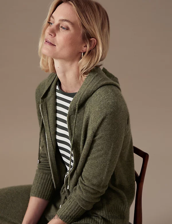 Women Hunter Green Clothing Marks & Spencer Pure Cashmere Knitted Relaxed Hoodie 20VTD3020 - Marks and Spencer Canada locations