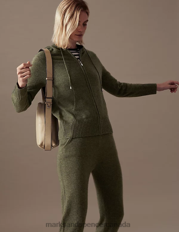 Women Hunter Green Clothing Marks & Spencer Pure Cashmere Knitted Relaxed Hoodie 20VTD3020 - Marks and Spencer Canada locations