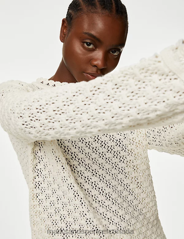 Women Ivory Clothing Marks & Spencer Cotton Blend Textured Crew Neck Jumper 20VTD589 - Marks and Spencer online
