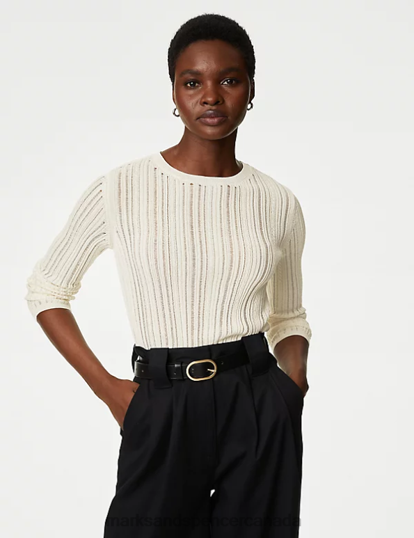 Women Ivory Clothing Marks & Spencer Cotton Blend Textured Crew Neck Jumper 20VTD790 - Marks and Spencer outlet