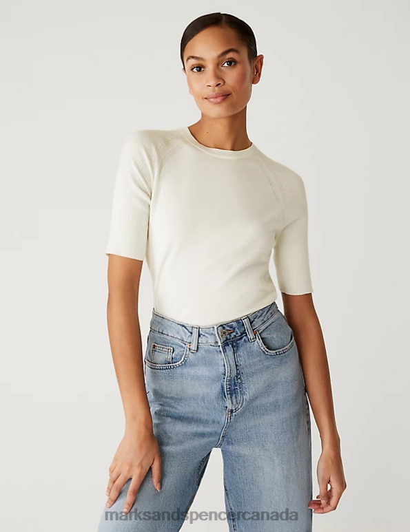 Marks and Spencer sale - Women Ivory Clothing Marks & Spencer Cotton Rich Ribbed Crew Neck Knitted Top 20VTD1435
