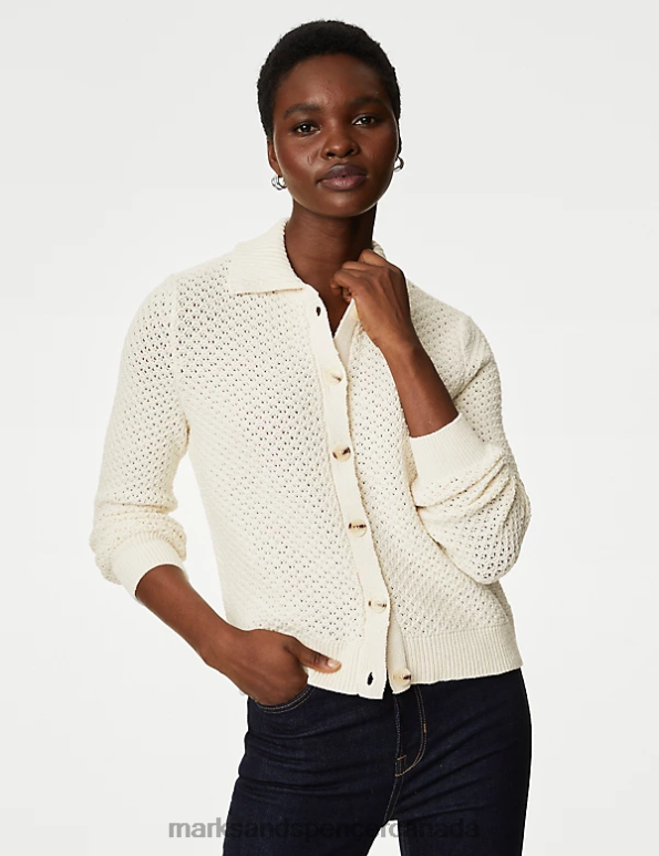 Women Ivory Clothing Marks & Spencer Cotton Rich Textured Collared Cardigan 20VTD83 - Marks and Spencer outlet